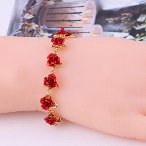 

link, chain korean fashion simple rose gold color link romantic bracelet with red enamel jewelry valentine gift for lover, Black