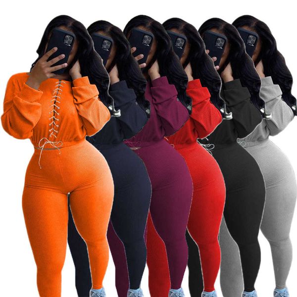 

women's sets autumn winter o neck cross bandage short +elastic waist slim pants casual sport two pieces set large size 210526, White