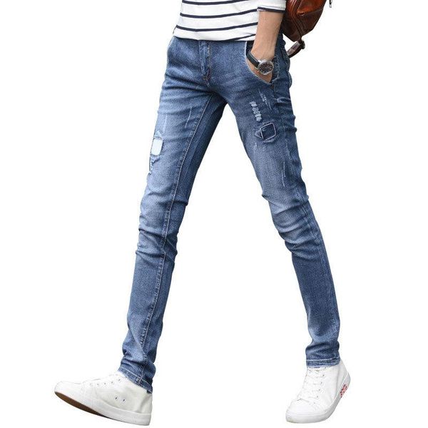 

denim jeans men's autumn 2021 fashion street casual korean small feet light-color brand long teenagers pencil pants, Blue