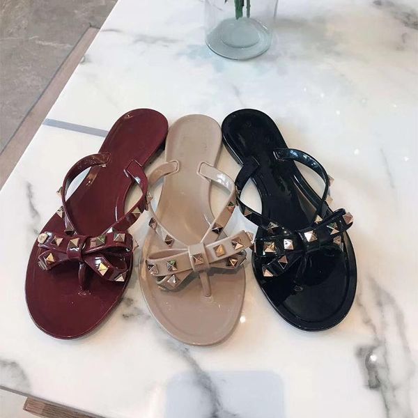 

slippers tot summer ladies jelly beach sandals sliding soft bottom button bow, Black
