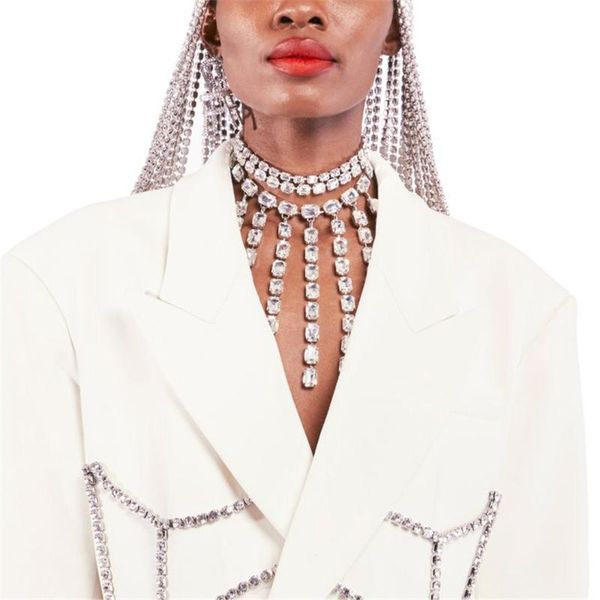 

chokers bohemian big rhinestone tassel women's necklace shiny crystal gift luxury jewelry party statement, Golden;silver