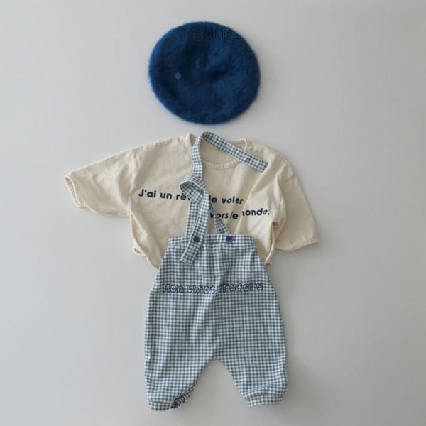 

clothing sets 8738 korean ins baby set autumn 2021 neutral casual letter printed t-shirt and plaid suspender pant boys girls suit, White