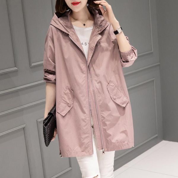 

women's trench coats windbreaker coat middle and long versatile hooded 2021 spring autumn thin leisure slimming trend, Tan;black