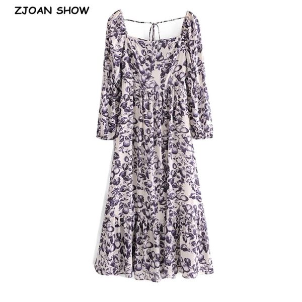 

spring women boho flower print loose long dress holiday slash collar back bandage elastic ruched sleeve dresses 210429, Black;gray