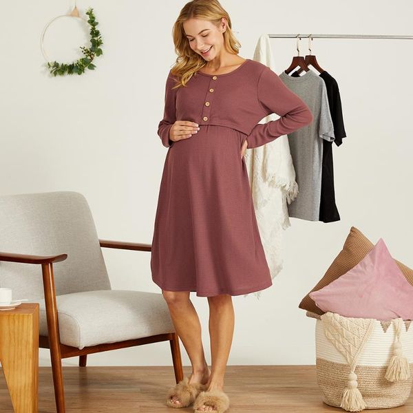 

patpat 2021 arrivalmaternity round collar plain cameo brown knee length long-sleeve nursing dress maternity dresses, White