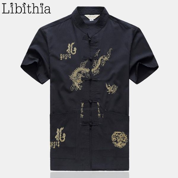 

men dragon pattern causual dress shirts mandarin collar short sleeve chinese style summer 2021 white khaki navy blue red a50 men's casu, White;black