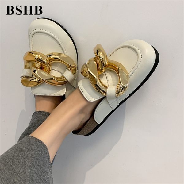 

70% off wholesale sandals flip-flops mules femme luxe large golden chain slippers cover toe vintage shoes flats women square round bread san, Black