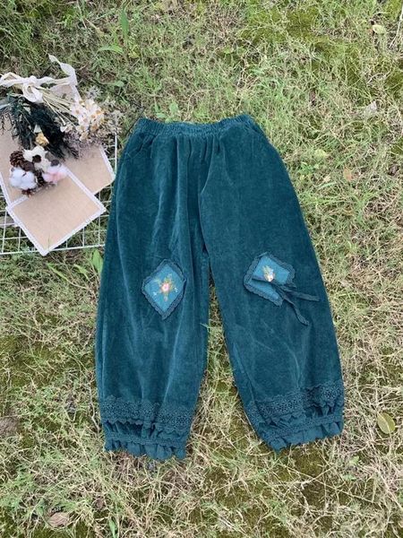 

women's pants & capris autumn winter mori girl literature retro corduroy casual japan embroidered elastic waist loose bloomers, Black;white