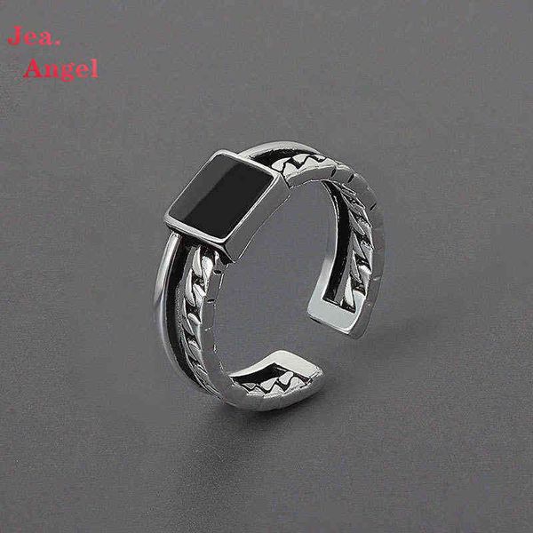 

jea.angel 925 silver geometry double design chain drop glaze cube rectangle ring personality retro rings for women men g1125, Slivery;golden