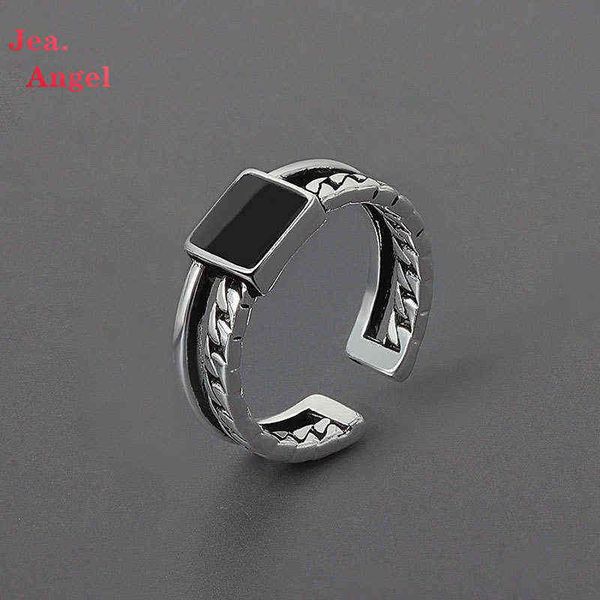 Jea.Angel 925 Silber Geometrie Doppel Design Kette Tropfen Glasur Cube Rechteck Ring Persönlichkeit Retro Ringe Für Frauen Männer G1125