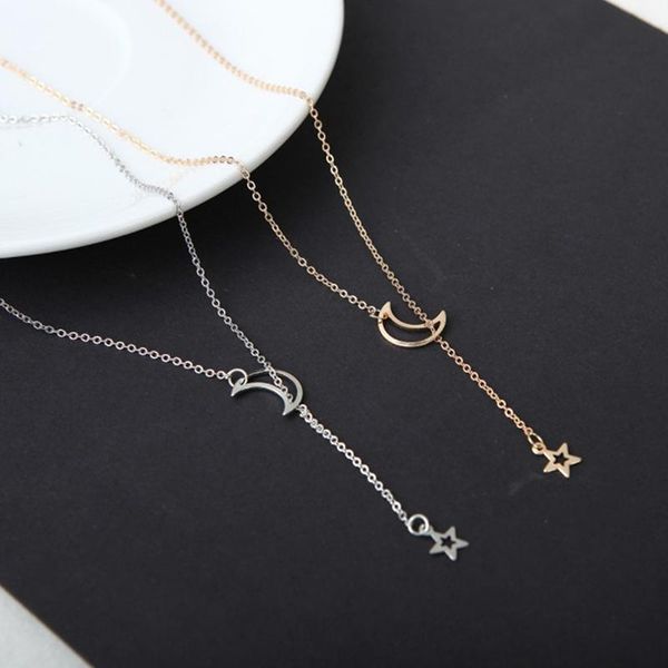 

pendant necklaces 1pc simple women double long chain moon star stainless steel necklace jewelry for girl gifts, Silver