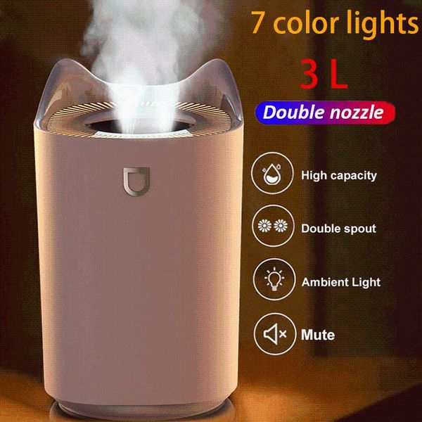 

humidifiers 3000ml humidifier double nozzle air usb aroma diffuser with colored led light heavy fog ultrasonic essential