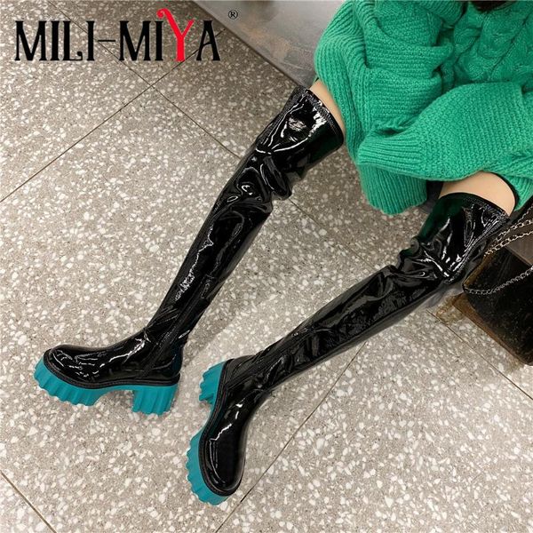 

boots mili-miya women 2022 over the knee genuine leather thick high heels platform autumn winter zip dress shoes big size 41, Black