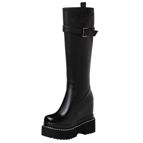 

boots jouir talons shoes brand genuine leather round toe zip suqare thick platform increase internal knee high tic5, Black