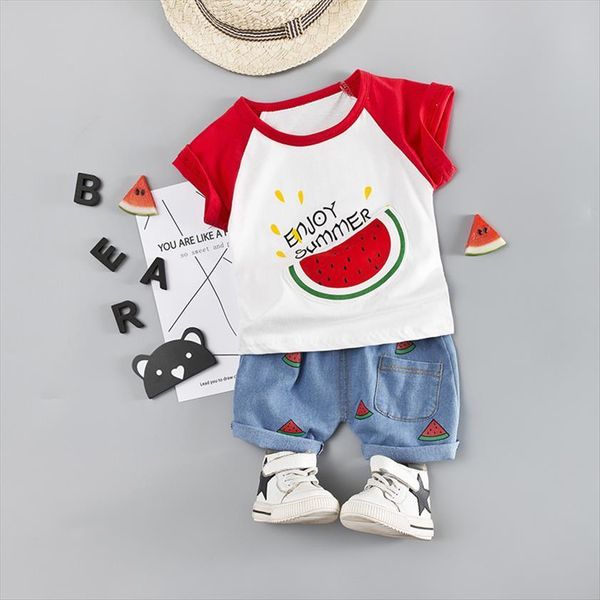 

baby clothing sets boy girl suit set summer denim shorts short sleeves watermelon cute outfit kids clothes boys, White