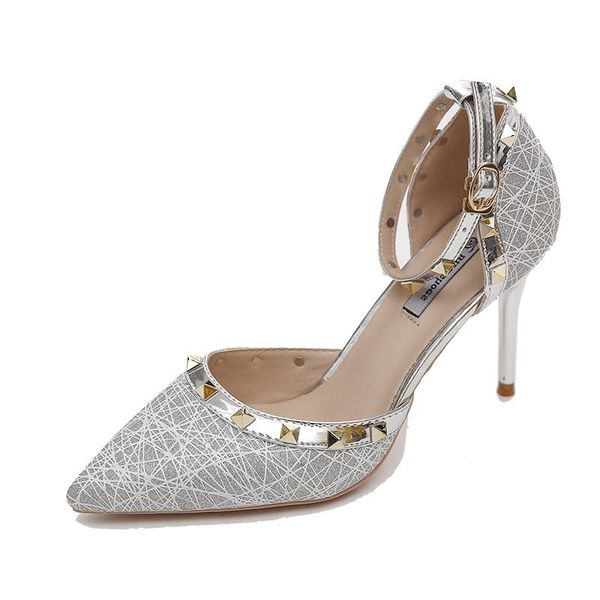 

dress shoes summer pointed baotou sandals female word 2021 buckle with stiletto heels sequins versatile hollow, Black