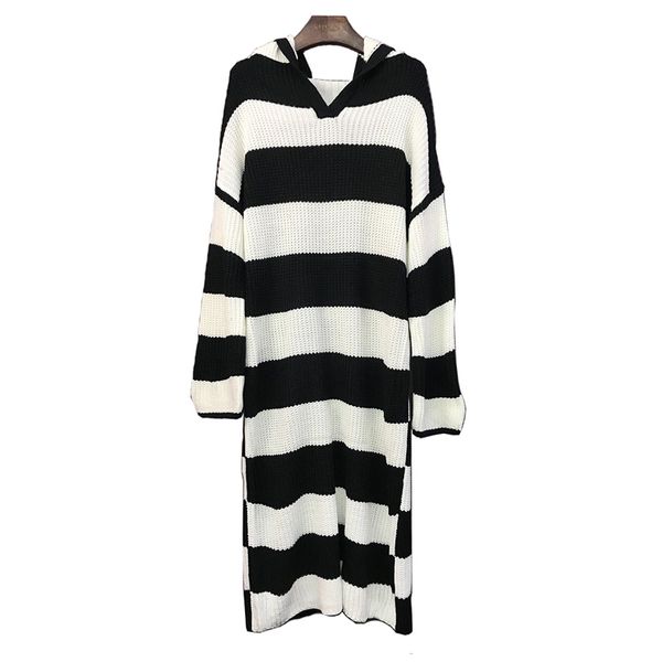 

black white striped hooded winter autumn loose knitted brown long sleeve maxi dress casual d0766 210514, Black;gray