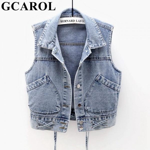 

women's vests gcarol women denim waistcoat 2 pockets bottom cris-cross straps vest sleeveless basic jacket lace up for 4 season, Black;white