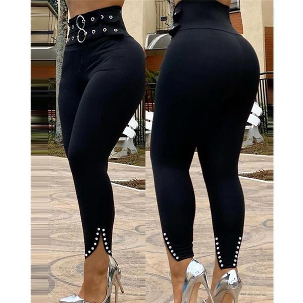 

beaded eyelet o womens pants ring fleece slit skinny bodycon high waist pencil, Black;white