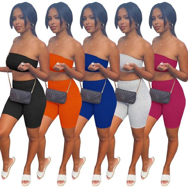 

women's tracksuits neon color two 2 piece set for women strapless crop and high waist biker shorts summer activewear bodycon matchi, Gray