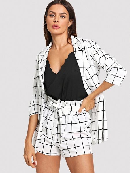 

plaid blazers with self tie waist shorts i6wa#, White