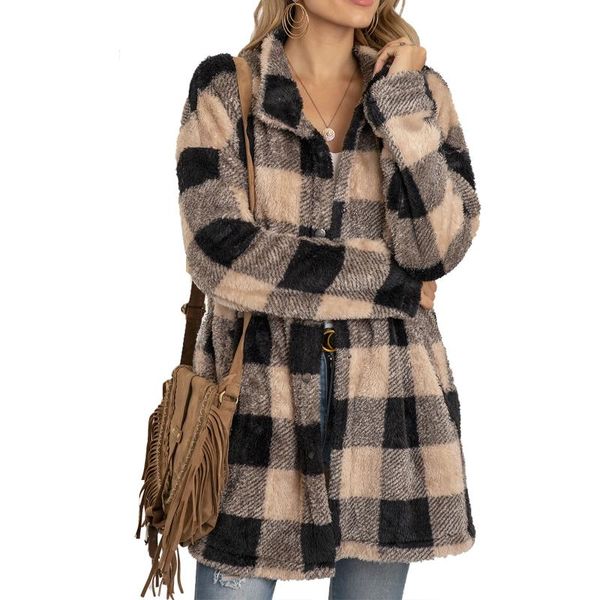 

women's jackets women plaid print mid-length coat, long sleeve lapel neck single-breasted jacket for autumn, winter, Black;brown