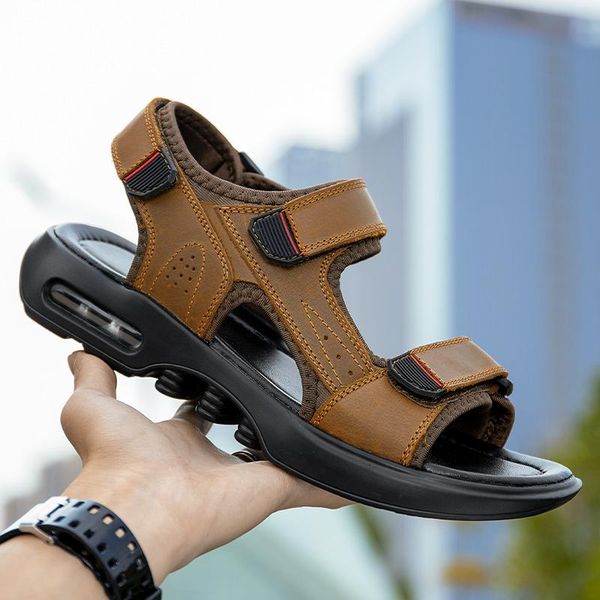 

sandals men leather 2021 summer classic shoes slippers outdoor soft roman comfortable walking footwear, Black