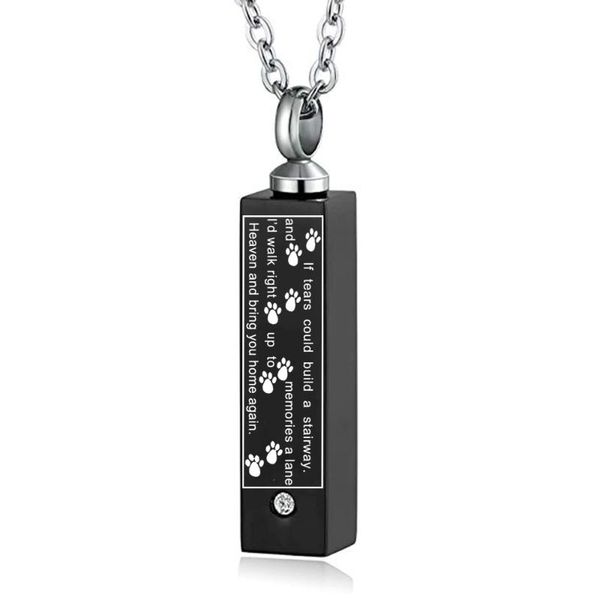 

inlay crystal & printed black stainless steel bar memorial urn necklace hold dog cat ashes cremation pendant jewelry necklaces, Silver