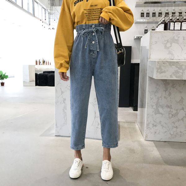 

ruffles jeans woman autumn elastic waist boyfriend trousers vintage jeans denim korean sashes button harem pants plus size 2021, Black;white