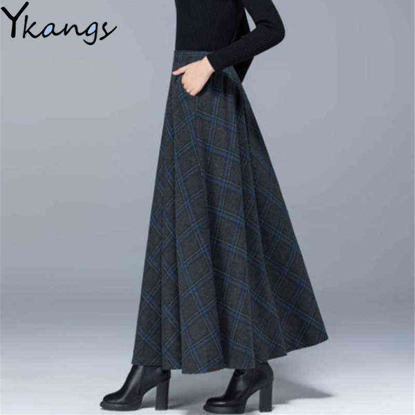 Plus Größe Hohe Taille Woolen Plaid Röcke Winter Warme Frauen Wolle Maxi Röcke Büro Damen Mode Lässig Lange Streetwear 211120