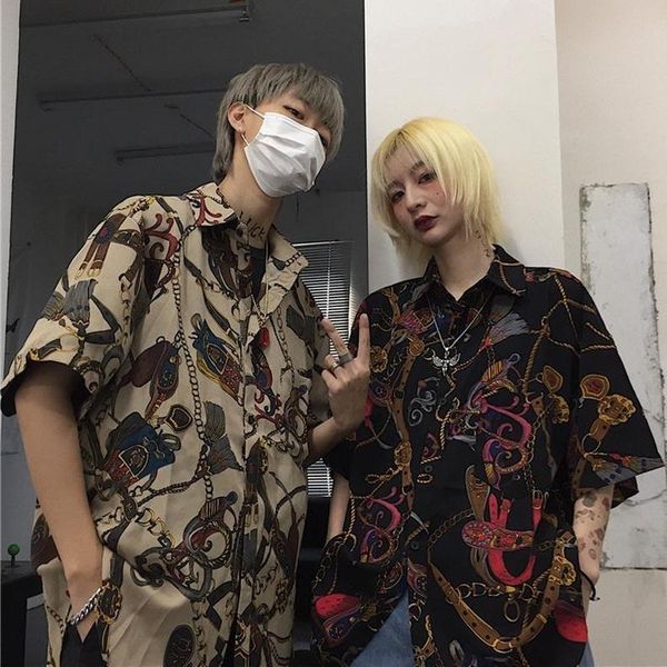 

korea preppy style summer chic chain stripe printing loose couple's shirts harajuku gothic street handsome ruffian men's shirt cas, White;black