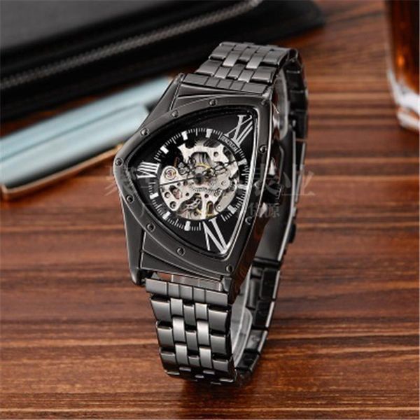 

triangle skeleton dial automatic mechanical watches stainless steel waterproof watch for man brand men clock wristwatches, Slivery;brown