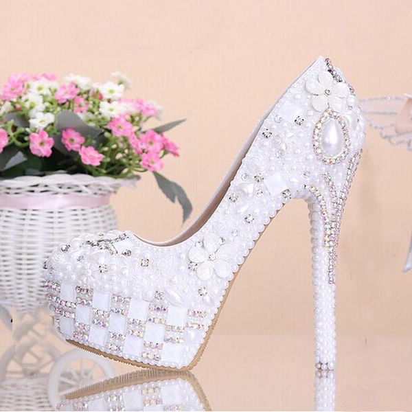 

dress shoes fashion rhinestone super high heel bridal white flower pearl crystal wedding round toe ceremony pumps, Black
