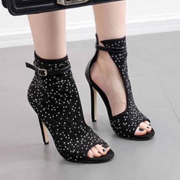 

dress shoes women sandals rhinestone thin high heels rome fashion peep toe buckle summer plus size 43 sandales femme 2021, Black