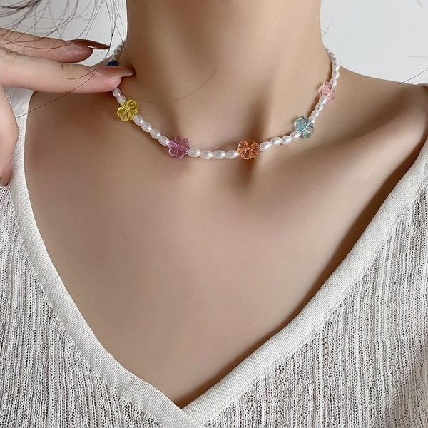 

pendant necklaces origin summer charming multicolor arcylic flower chokers necklace for women beaded simulation pearl sweet jewellery, Silver
