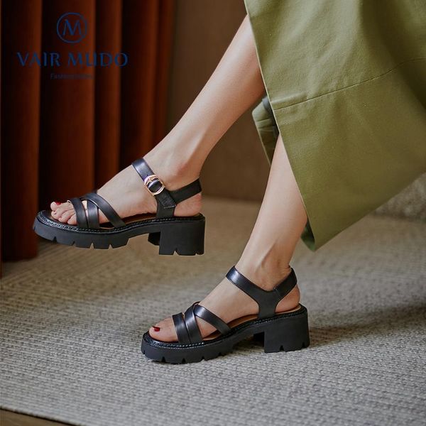 

sandals vair mudo 2021 women shoes waterproof platform thick heels height increasing casual basic buckle strap fashion lx57l, Black