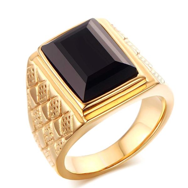 

cluster rings big square black agate gemstones for men gold tone titanium stainless steel bague jewelry masculine finger band accessory, Golden;silver