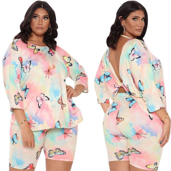 

women's t-shirt oversized shorts suit home clothes plus size backless cute printing fashion kawaii summer leisure pink tee, White