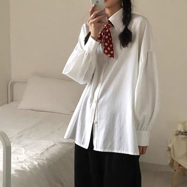 

[ewq] spring new simple shirt coats white looose lantern sleeve blusas korean chic long sleeve trend ladies blouse women 210423