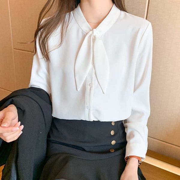 Корейские женские рубашки шифон блузки с длинным рукавом топы женщины белые кружевные блузка топ плюс размер бабочка галстука рубашка XXL 210604