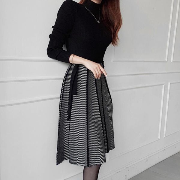 

casual dresses 2021 the winter women black knitting dress long sleeve vintage korean fashion elegant ladies party maxi clothes, Black;gray