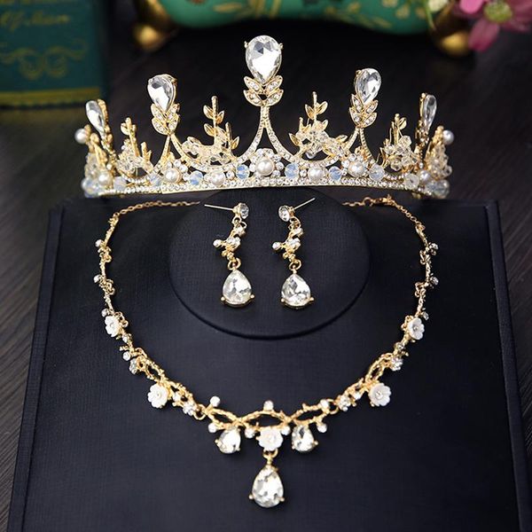 Brincos Colar Princesa Pérola Pérola Conjunto de Jóias de Casamento Coroas de Flores de Folhas de Ouro Tiaras Capace