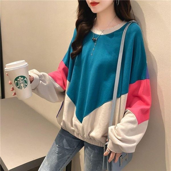 

women's hoodies & sweatshirts cotton spring model korean version of the loose western style wild round neck female simple splicing fash, Black