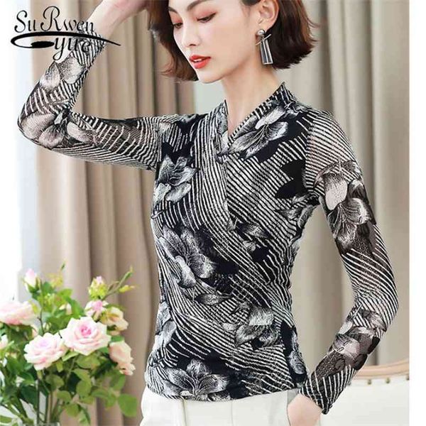 

spring autumn v-neck mesh casual long sleeve lace blouse slim print fashion clothing 6210 210421, White