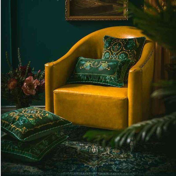 DUNXDECO Fodera per cuscino Federa decorativa Artistico Antico Giardino Fiore Uccello Verde Stampa oro Velluto di lusso Divano Coussin 210401