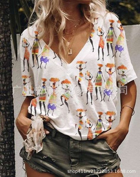 

t-shirt women's large ethnic 3d printing v-neck short sleeve 7v3v, White
