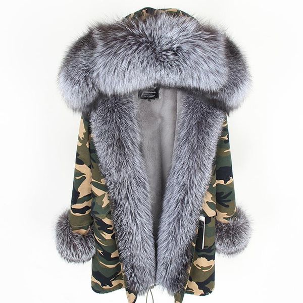 

women's fur & faux furtjy natural real ladies coat long silver collar women winter parka jacket, Black