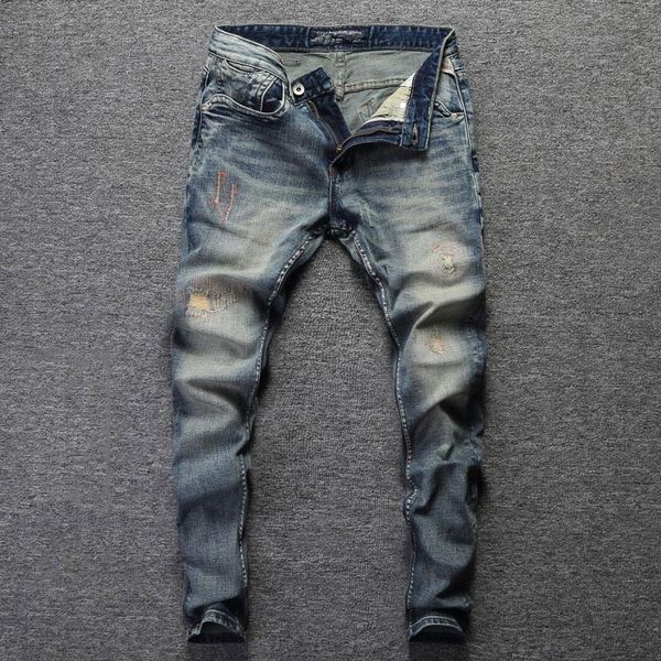 

men's jeans european vintage fashion men retro blue slim fit ripped streetwear embroidery designer casual cotton denim pants