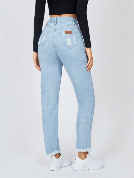 

tall patched detail ripped raw hem jeans 51sb#, Blue