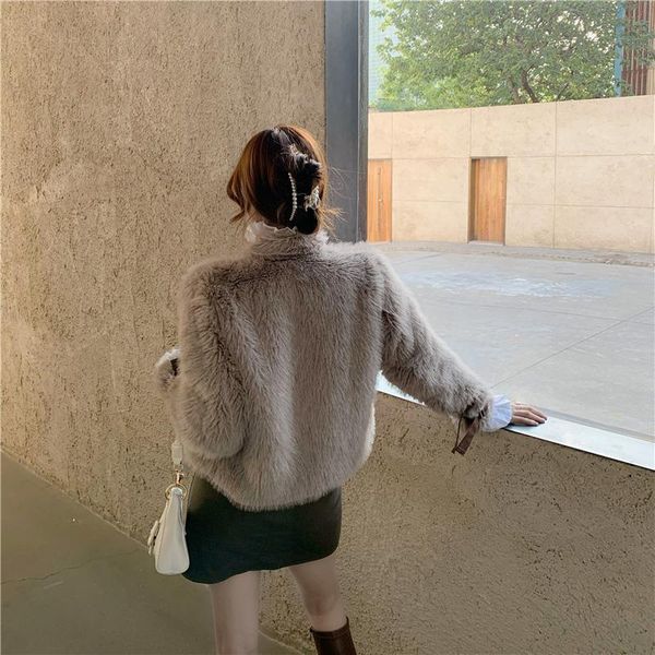 

Women's Fur & Faux PERHAPS U Women White Brown Jacket Outwear Button Warm Thick Solid Leather Patchwork C0454 TWGB, Black